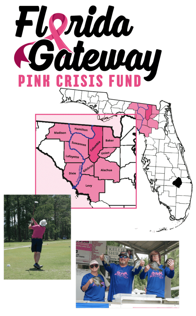 Image showing the logo and map and people working an event for Florida Gateway Pink Crisis Fund